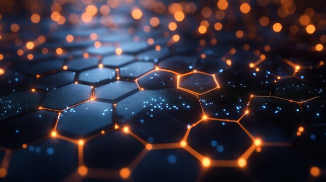 Blue cyber grid background with flat lines and glowing hexagonal nodes arranged in layered sections 