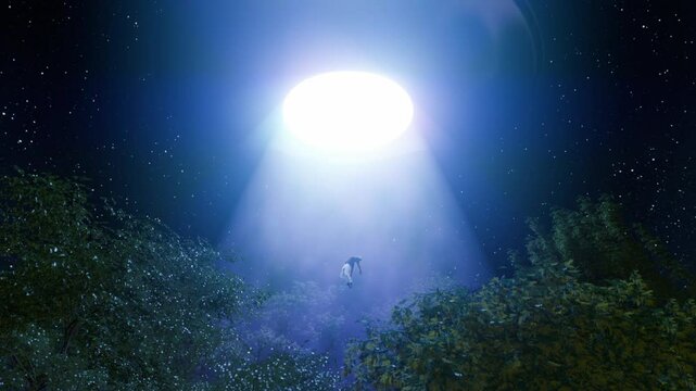 UFO abduction of a Man during night time | Light beam from a round UFO lifting up a person in the middle of nowhere surrounded by Trees during night CGI Animation