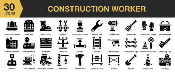Construction Worker solid icon set. Includes project, job, work, building, equipment, construction site, construction worker, and More. Solid icons vector collection