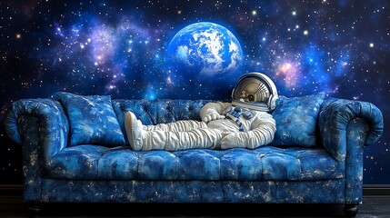 Astronaut rests on couch, space backdrop