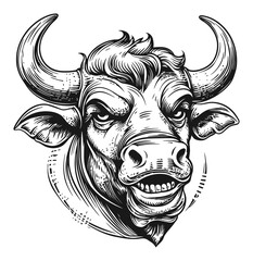 Detailed Engraved Illustration of a Bull's Head with Bold Features