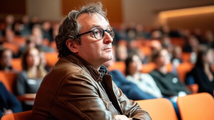 Fototapeta premium Attentive Man in Glasses Sitting in a Lecture Hall
