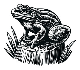 Naklejka premium Detailed Engraving of Frog on Stump Surrounded by Grass