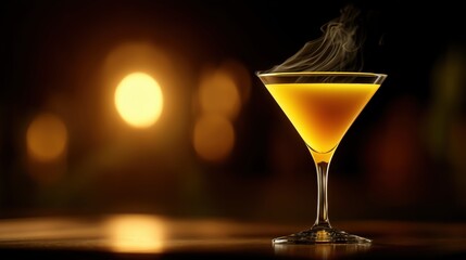 Elegant steaming cocktail glass with hot beverage against warm blurred background suitable for night scene bar party celebration and nightlife ideas