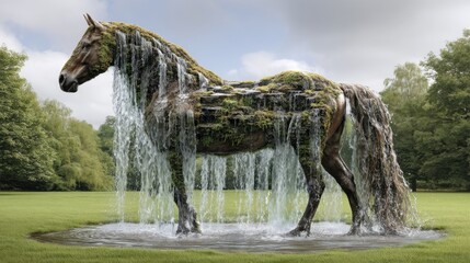 Hyperrealistic horse sculpture with flowing waterfalls as mane and tail covered in moss, standing in a lush green meadow under a cloudy sky, surreal nature blending water and animal