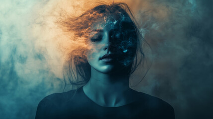 Dreamlike Portrait of a Woman Enveloped in Mystical Smoke with Surreal Lighting and Ethereal Atmosphere. Image Made Using Generative AI.