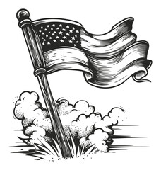 Hand-Drawn Engraving of American Flag with Dramatic Clouds