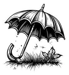 Detailed Engraving of Classic Umbrella with Grass and Leaves