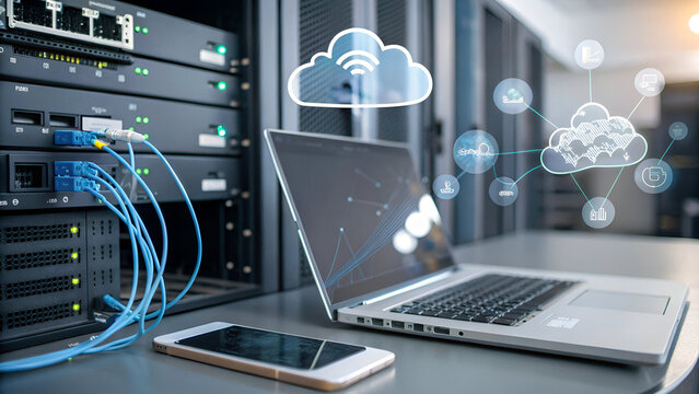 Connected devices, cloud icons, person typing, digital workflow, information network.