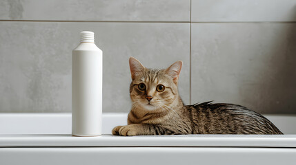 cat and white bottle mockup in the bathroom