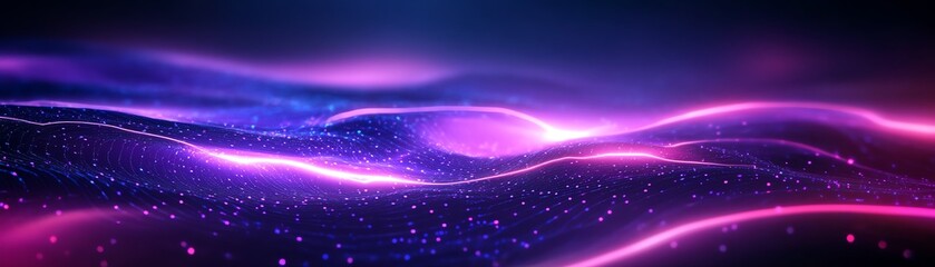 Fototapeta premium Vibrant abstract waves of purple and blue light with glowing particles.