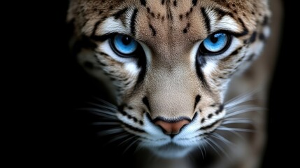 Obraz premium Close-up of a wild cat's face with striking blue eyes. Intense stare, showcasing beautiful markings and fur details