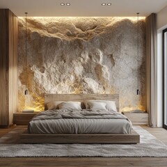 Modern bedroom interior featuring a rock wall and wood accents