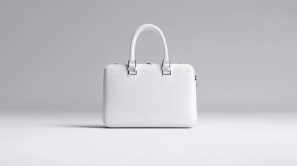 A pristine, white handbag, featuring a structured design and simple handles, sits centered on a plain, light-gray background.  The focus is on the handbag's clean lines and minimalist aesthetic