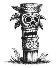 Detailed Tiki Skull Carving with Leaves and Decorative Patterns