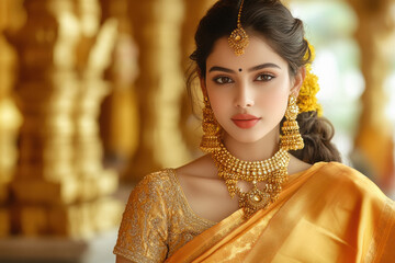 indian woman wearing saree and gold jewelry