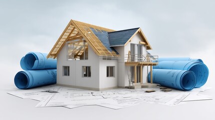 3D model of a house under construction, surrounded by blueprints