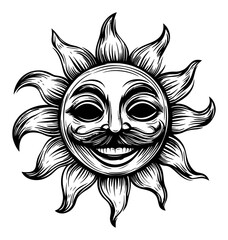 Detailed Vintage Engraving of a Smiling Sun with Rays