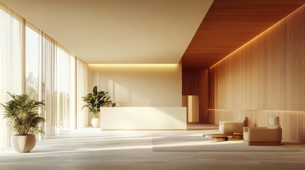 Fototapeta premium Modern reception area features wooden accents and natural lighting