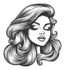 Elegant Female Portrait with Flowing Hair in Black and White Engraving