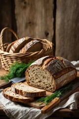Obraz premium Artisan Bread Slices on Wooden Board with Rustic Background Scene