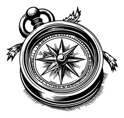Vintage Compass Engraving in Black and White Woodcut Style