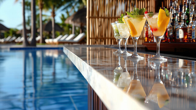 Extreme close-up of luxurious hotel poolside bar at golden hour, featuring condensation-kissed marble countertop, tropical cocktails, teak wood carvings, and shimmering bottles in a warm summer glow

