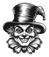 Vintage Engraving of a Sinister Clown Face with Hat and Collar