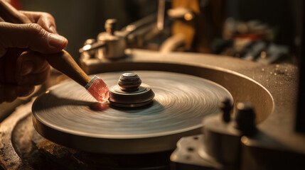 Obraz premium Hand polishing gemstone on cutting wheel in workshop