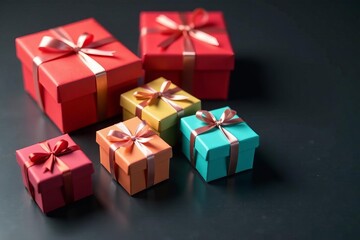 Fototapeta premium Close up of various gift boxes on dark surface, discount shopping, sale, festive, black friday