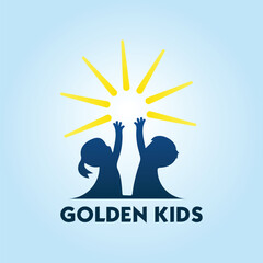 Two Happy Children Reaching for a Bright Sun Logo Design