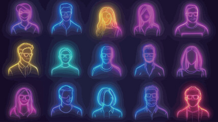 A digital illustration of 20 brightly colored head icons arranged in a grid pattern against a dark background. Each icon is a stylized silhouette of a human head.