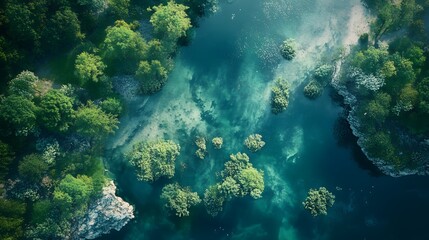 Obraz premium Aerial View of a Serene Lake Surrounded by Lush Forest