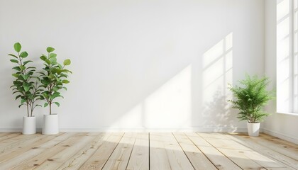 Empty room with white wall, wooden floor and two green plants on the sides, minimalist style, clean and bright