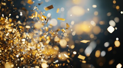 A corporate event celebration where confetti cannons release golden and silver confetti, marking a successful milestone.