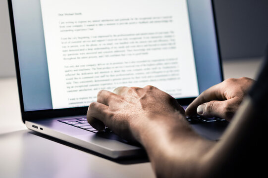 Writing. Blog writer. Content, article, letter with laptop computer. Text document, book, business report or journal. Copywriter, journalist or news editor. College essay on screen.