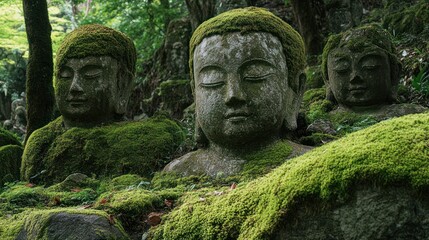 Fototapeta premium Moss-Covered Buddha Statues in a Serene Forest