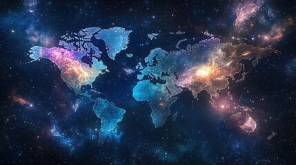 A cosmic world map with stars and galaxies forming the shape of continents against a deep-space background.