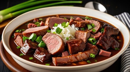 Sliced roasted beef with rice garnished with cilantro and green onions in a savory sauce served in a white bowl