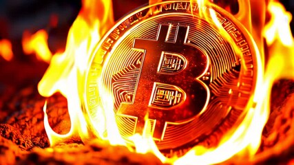 A bitcoin engulfed in flames, symbolizing the risks and volatility in the cryptocurrency market. - Powered by Adobe