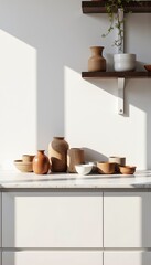 Ceramic pots arranged on a countertop against a modern background  