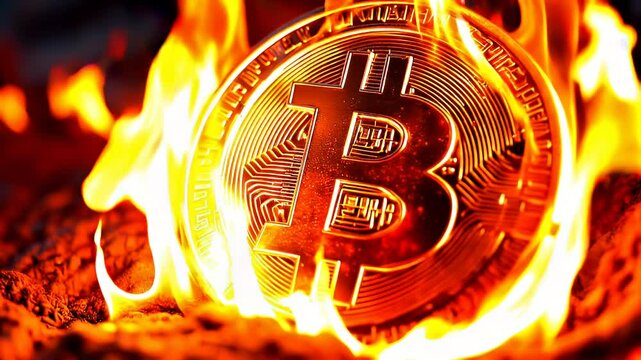 A bitcoin engulfed in flames, symbolizing the risks and volatility in the cryptocurrency market.