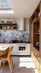 Modern kitchen design with floral wallpaper and natural light  