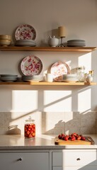Kitchen shelf with elegant dishes and fresh strawberries  