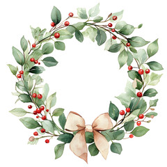 Fototapeta premium Watercolor wreath with green leaves and red berries