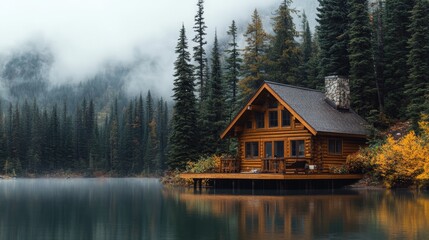 Fototapeta premium mountain cabin with a wooden deck, overlooking a scenic lake and surrounded by pine trees