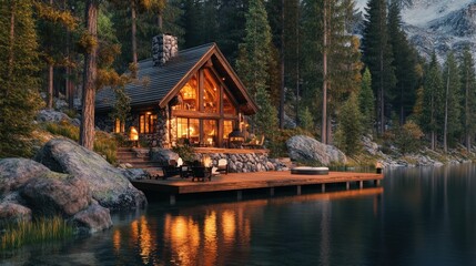 Fototapeta premium mountain cabin with a wooden deck, overlooking a scenic lake and surrounded by pine trees