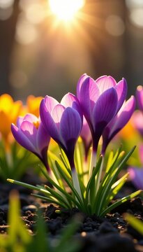 Fototapeta Close-up of vibrant crocus flowers blooming under warm sunlight in spring garden, blooming, nature, spring