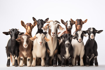 Group of goats of various colors and patterns standing closely isolated on white background.