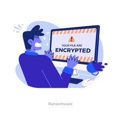 Ransomware concept. Illustration of office man in panic because his device got hacked and his files were encrypted. Cybercrime attack flat vector isolated on white background © omahgrafisgk